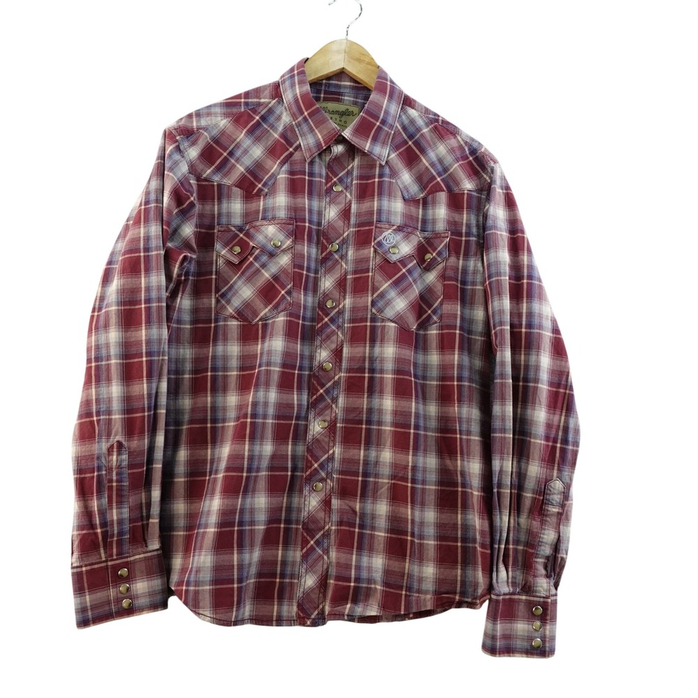 Wrangler Retro Mens L Western Plaid Pearl Snap Shirt Maroon Red Sawtooth Rodeo